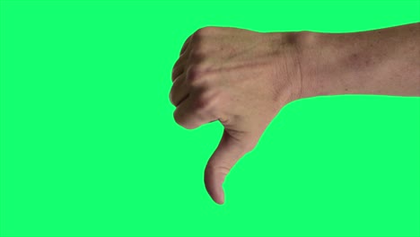 close up shot of a male hand giving a classic thumbs down sign, against a greenscreen background ideal for chroma keying