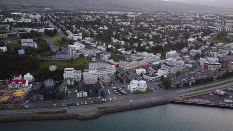 Aerial-flyover-of-downtown-Akureyri-in-northern-Iceland