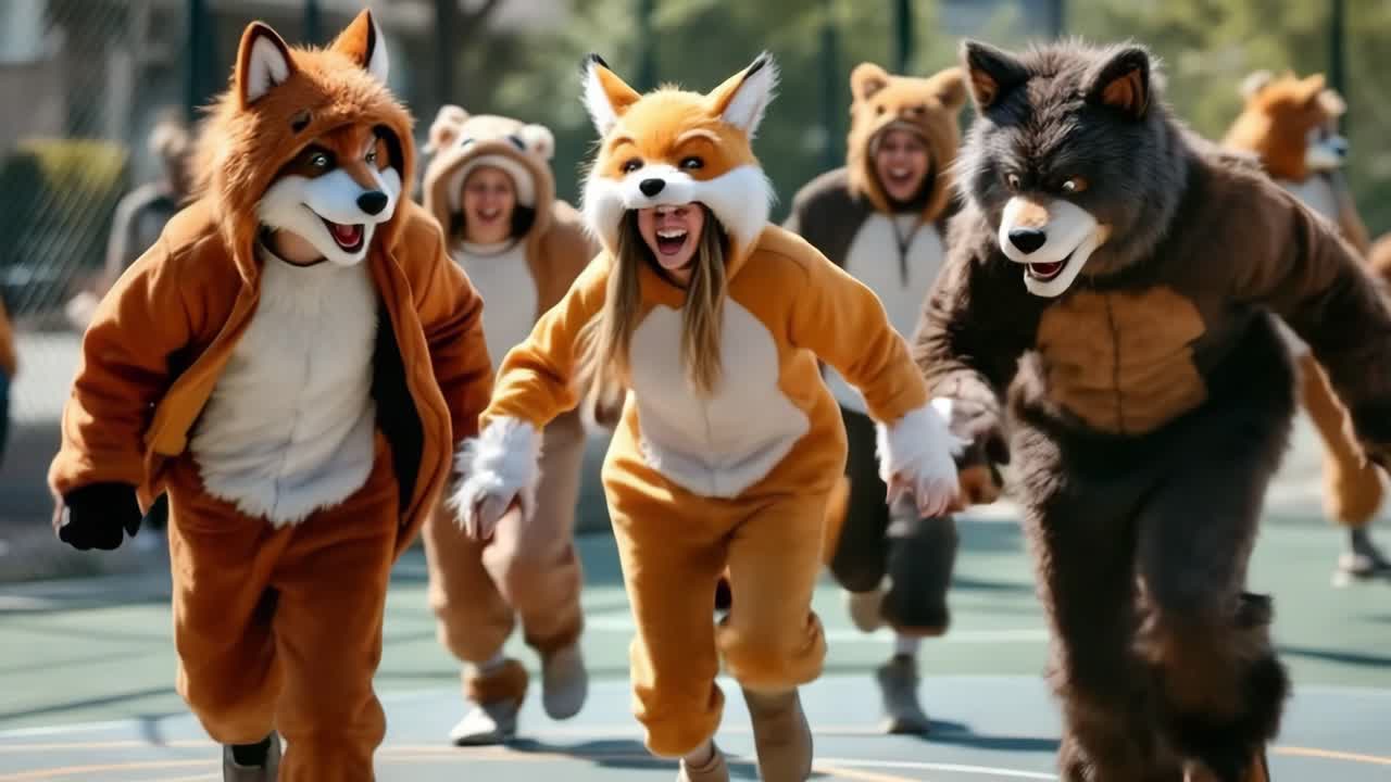 Group of individuals wearing animal costumes, including foxes and a wolf, are running energetically on a sunny outdoor court, showcasing a playful and lively atmosphere filled with excitement