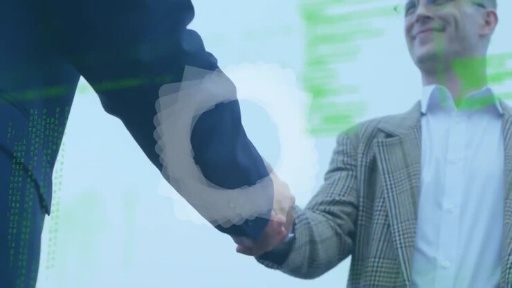 Abstract shape and data processing on mid section of two businessmen shaking hands at airport runway