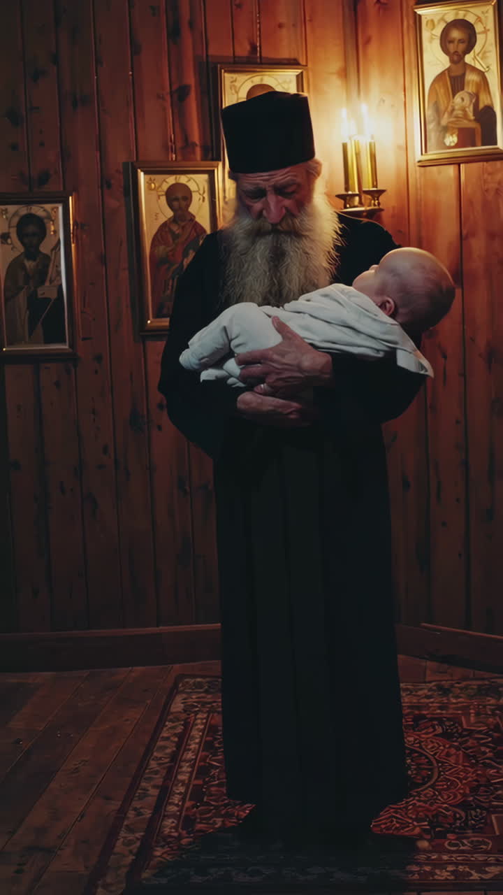 Monk Holding Baby in a Church