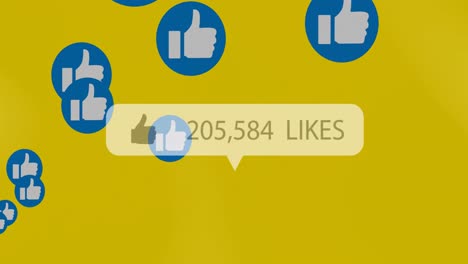 iconos de pulgares hacia arriba, como texto y números crecientes contra múltiples iconos de gustos en fondo amarillo