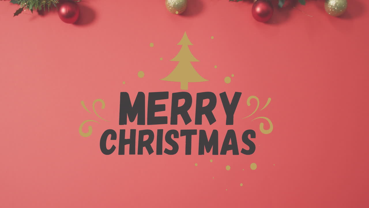 animación de texto de feliz navidad y icono de árbol sobre bolas y hojas contra fondo rojo