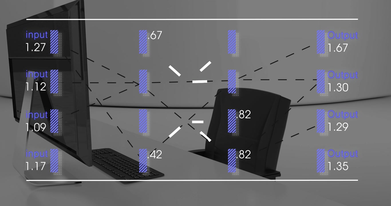 Animation of interface with data processing against office desk