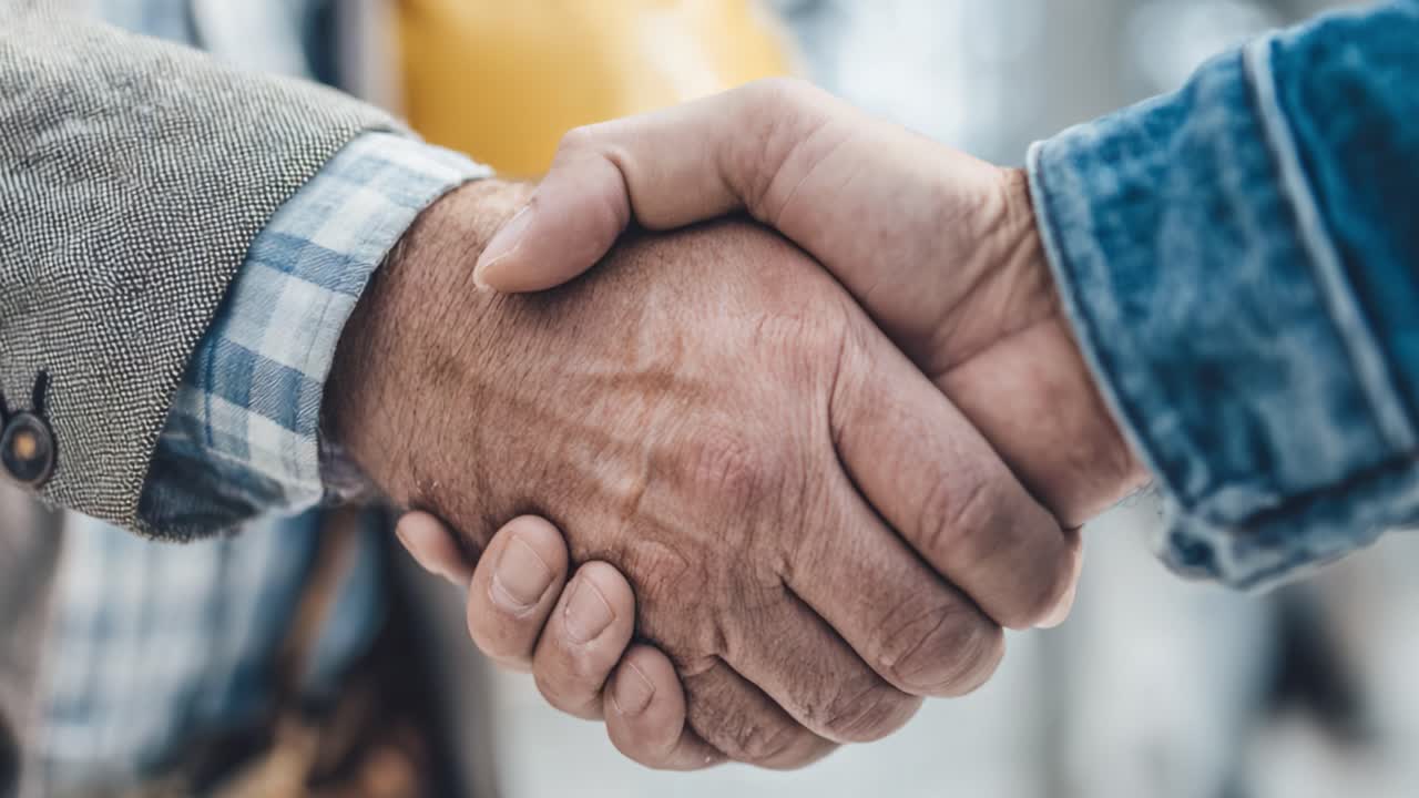 En solid aftale: To personer, der giver et fast håndtryk, symboliserer samarbejde, tillid og partnerskab i en professionel ramme