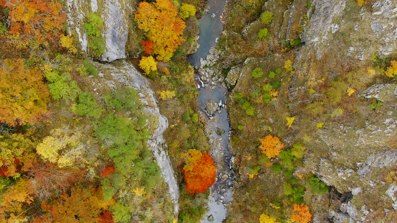 An overhead view shows a river running through a landscape of trees in autumn colors and rocky cliffs creating a scene of natural beauty