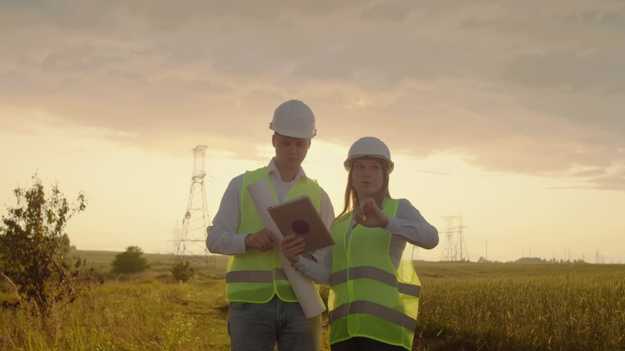A group of engineers at a high-voltage power plant with a tablet and drawings walk and discuss a plan for the supply of electricity to the city. Transportation of renewable clean energy.