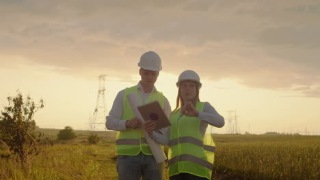 un grupo de ingenieros en una central eléctrica de alto voltaje con una tableta y dibujos caminan y discuten un plan para el suministro de electricidad a la ciudad.