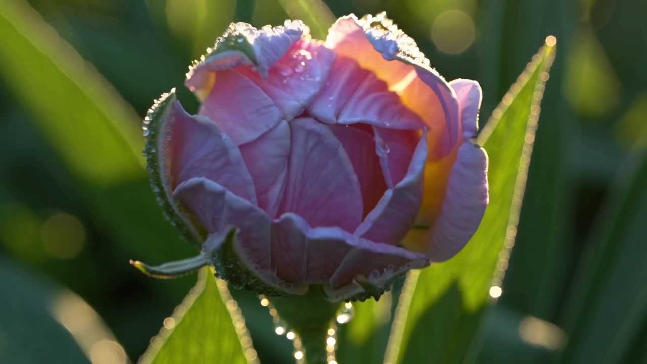 Lapso de tempo em close-up de um botão de tulipa rosa abrindo com gotas de orvalho