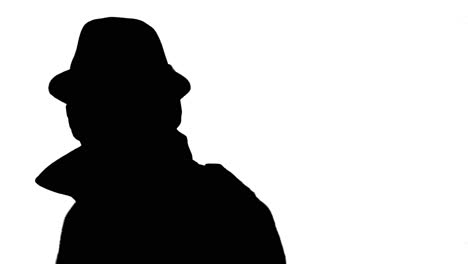 mysterious man in hat looking confused, black silhouette on white background