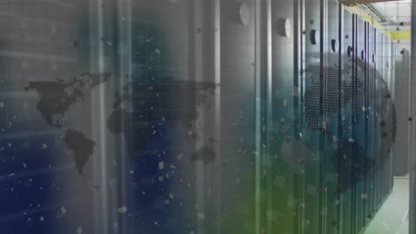 animación de confeti cayendo sobre el mapa del mundo y girando el globo contra la sala del servidor de la computadora.
