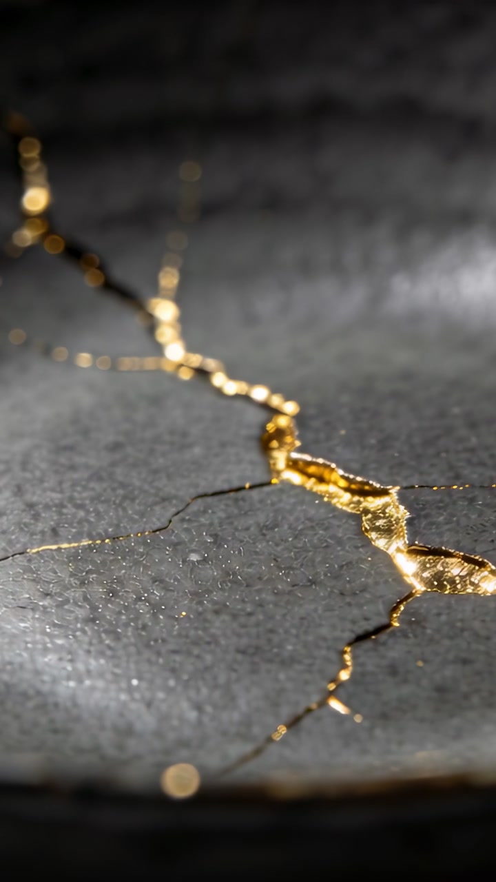 Vertical video: Camera pulling back, tilting up revealing gray bowl with gold seam showing repair