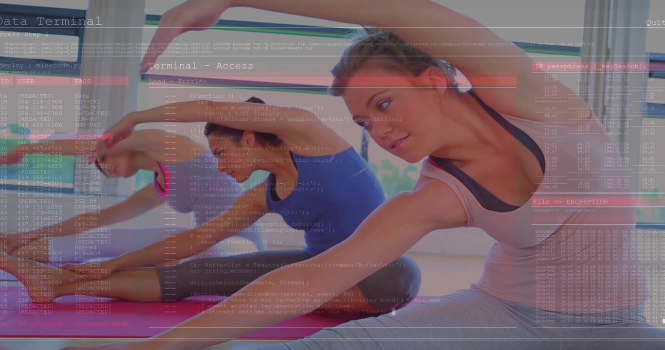 Video vertical: Dúo de fitness profundizando un estiramiento lateral sentado para la movilidad, con una superposición que aparece.