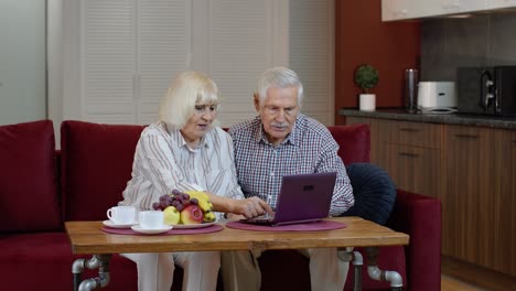 elderly couple using laptop on sofa