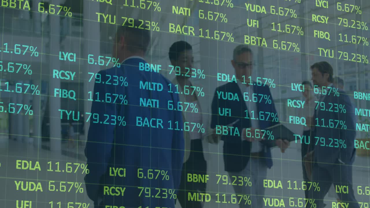 Animation of financial data processing over business people