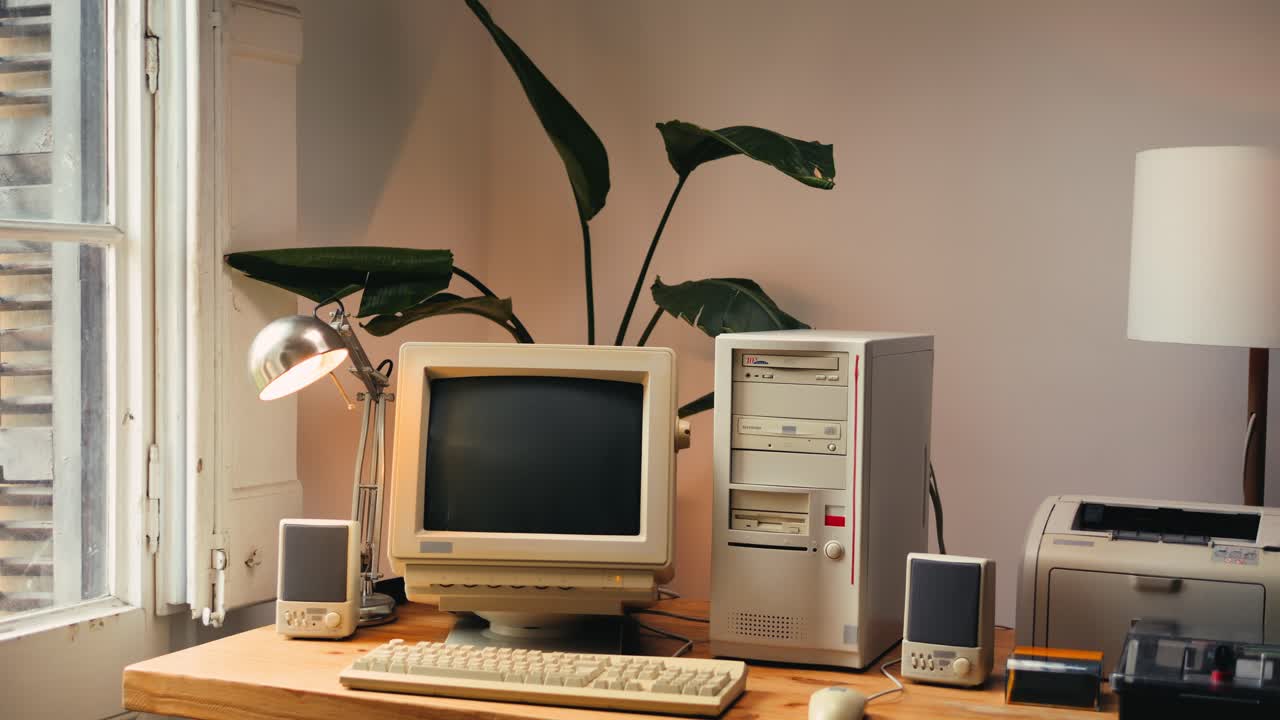 Retro pc computer gaming, Desktop vintage with loading code console, programmer making scripts, green basic screen, Old computer studio close-up, retro wave display, late 90s PC.