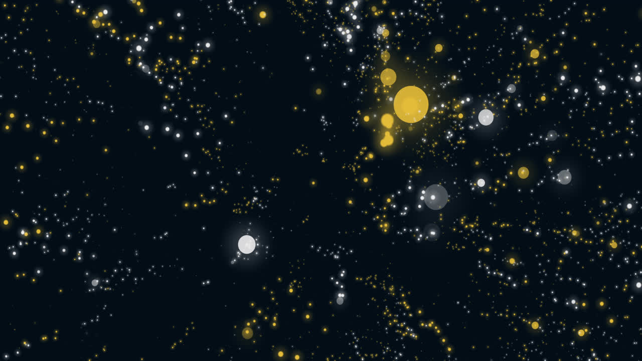 Animation of glowing white and yelow spots of light moving in hypnotic motion on black background