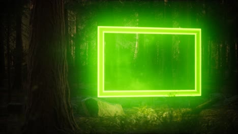 marco rectangular brillante de neón en el bosque nocturno