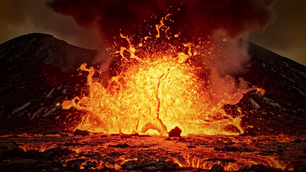 Heftiger Vulkanausbruch, der geschmolzene Lava und dichte Aschewolken speit