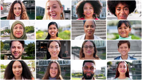 Feliz,-Diversidad-Y-Rostro-De-Personas-En-Collage.