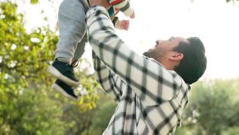 happy, love and father with baby in park