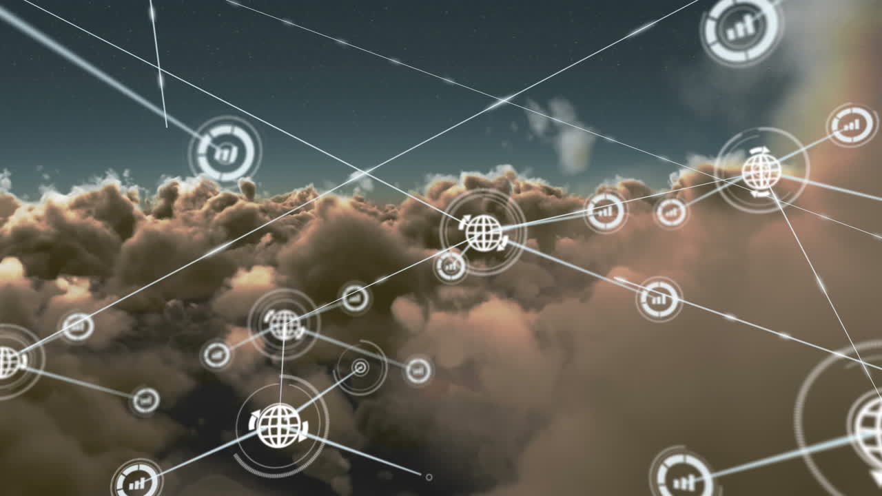 animación de la red de conexiones con iconos sobre el cielo con nubes