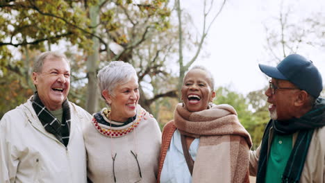 nature, laughing and elderly friends walking