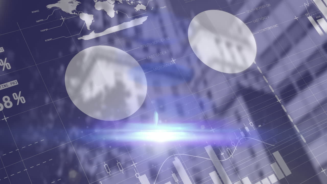 금융 및 통계 데이터 처리가 도시 풍경을 배경으로합니다.