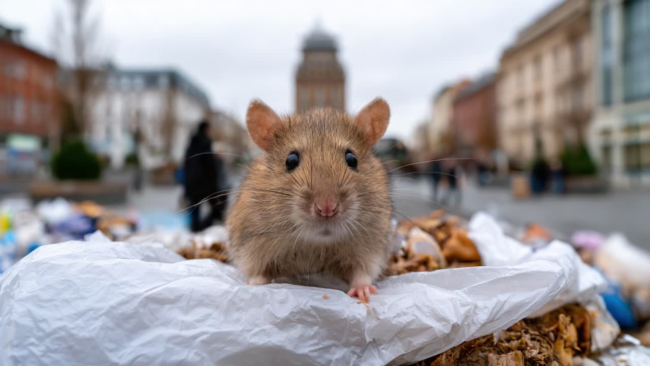 Nysgjerrig liten gnager: Et nært møte med en hamster blant byavfall, som fremhever naturens motstandskraft og virkningen av menneskelig bosetning.