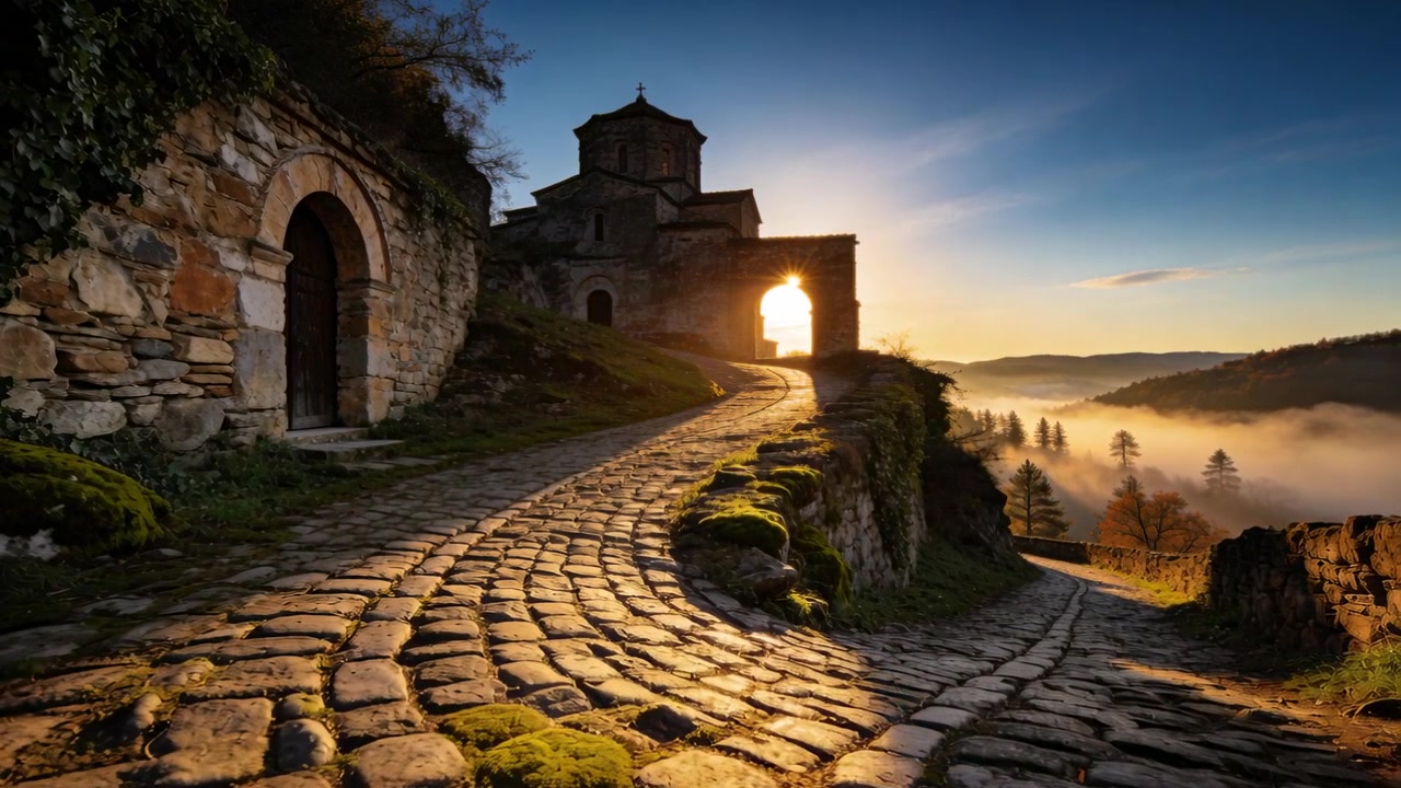 L'alba, con la telecamera che avanza lungo ciottoli curvi verso una cappella sul bordo di una scogliera, illuminando il muschio.