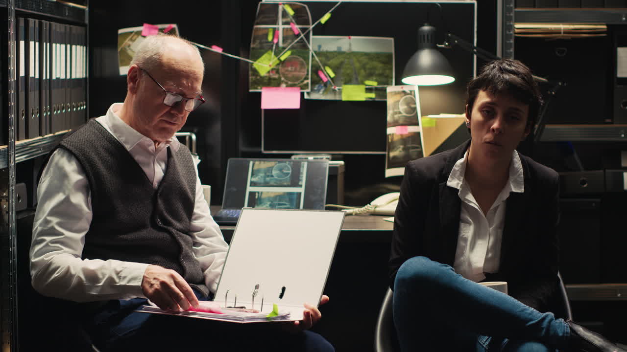 Two people sitting in an office looking at documents