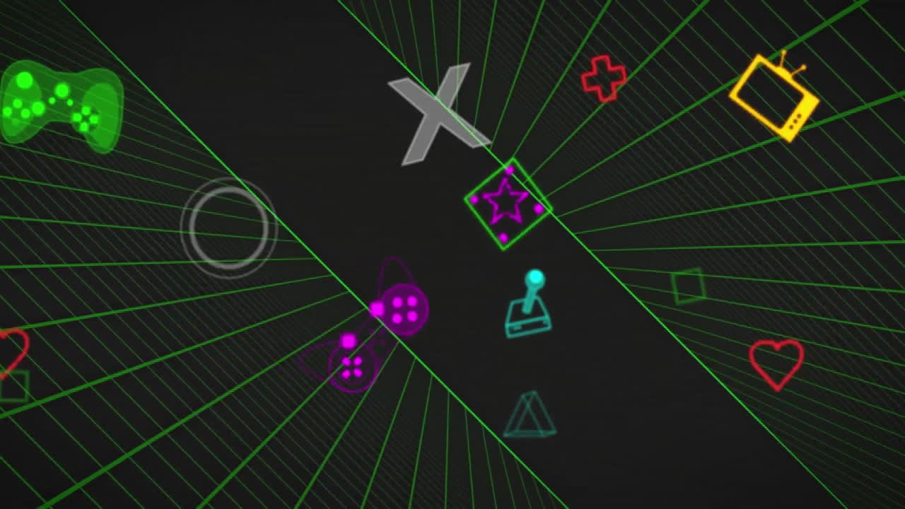 animación de iconos de videojuegos sobre la cuadrícula del metaverso