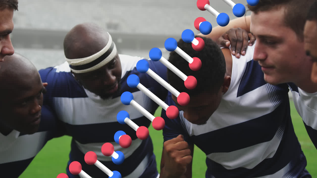 Animation of dna strand over male rugby players at stadium