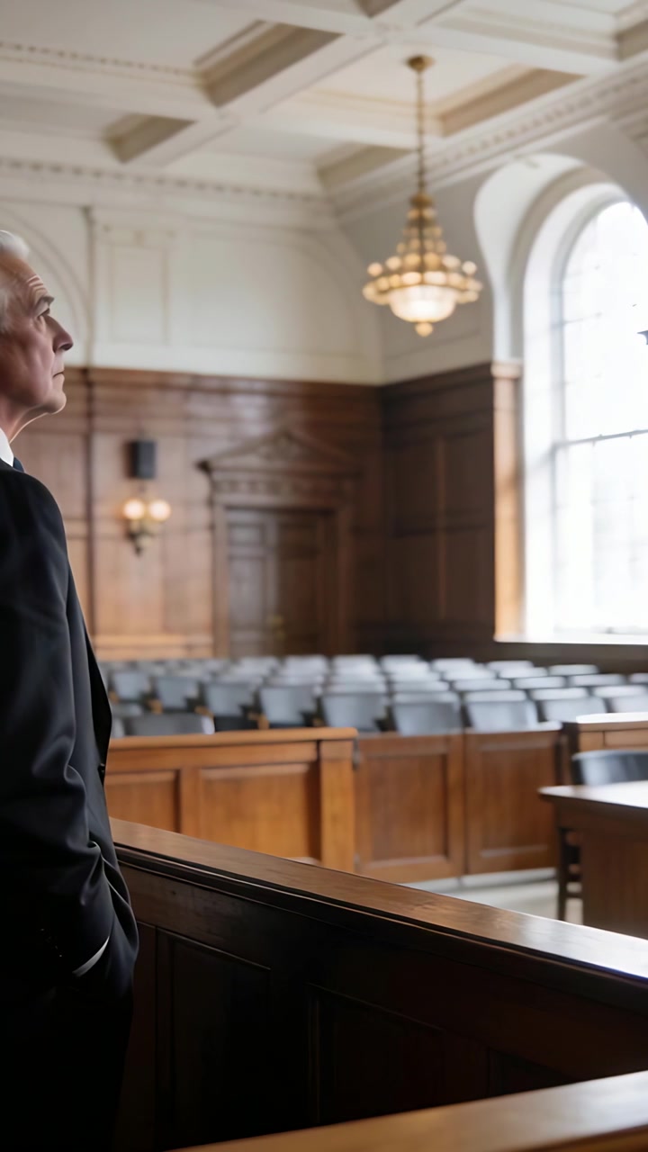 Vertical video: Zooming showing older man in suit standing at railing in court thinking, copy space
