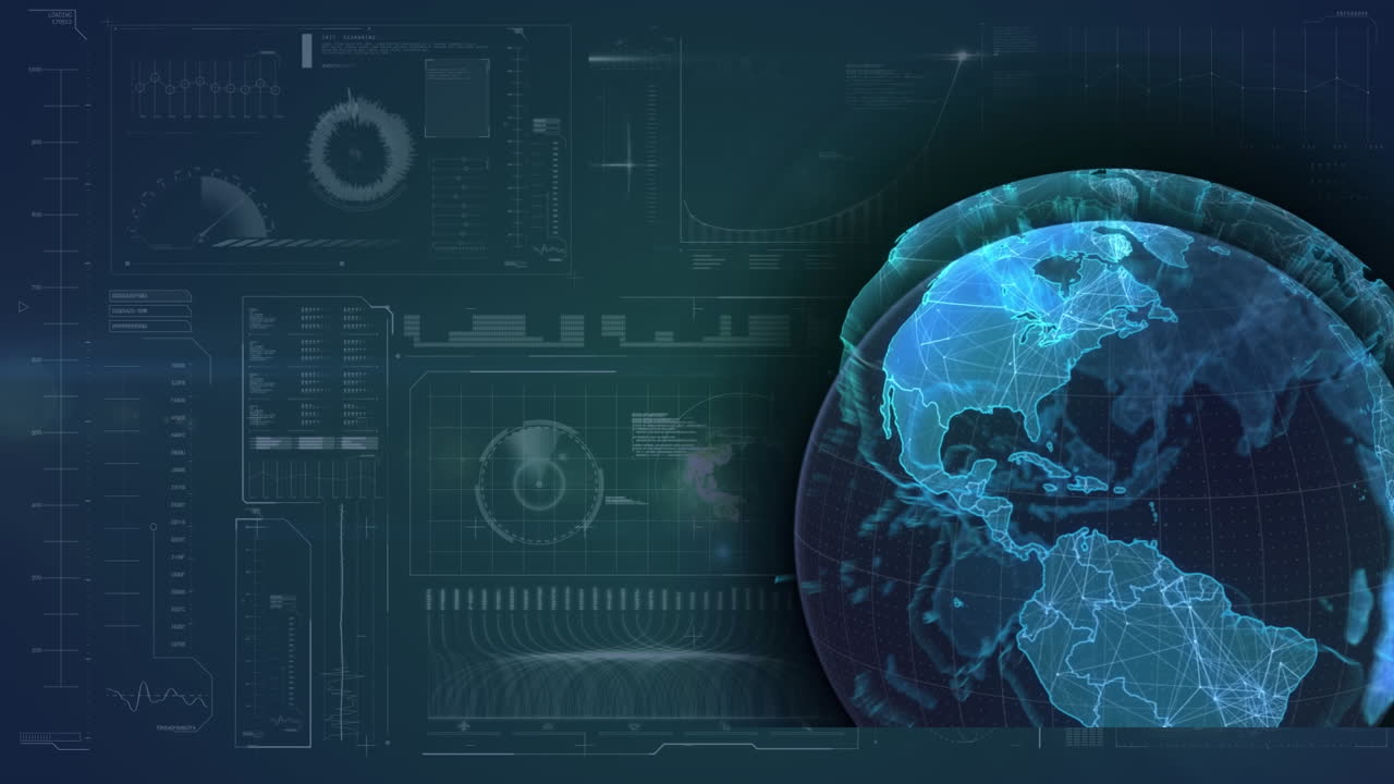 Animation of globe rotating over blue background with diverse data