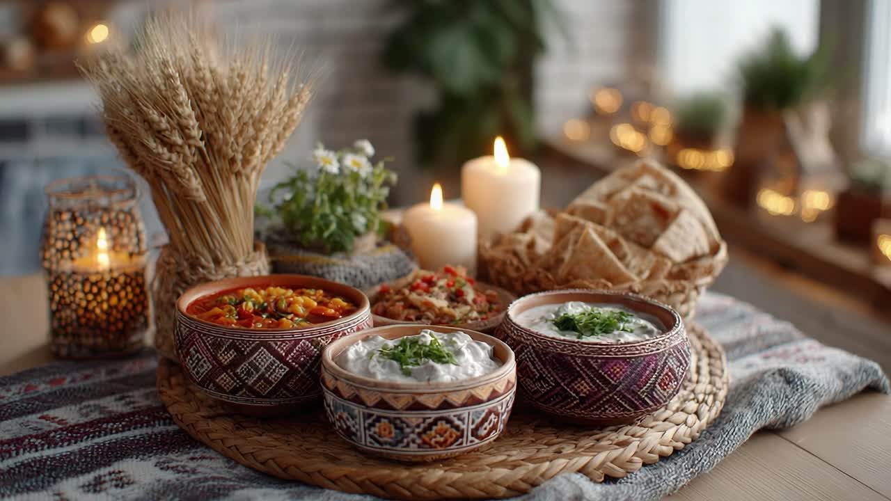 A Beautifully Arranged Table Featuring Traditional Dishes with Fresh Vegetables, Dips, and Grains, Enhanced by Soft Candlelight and Natural Decor