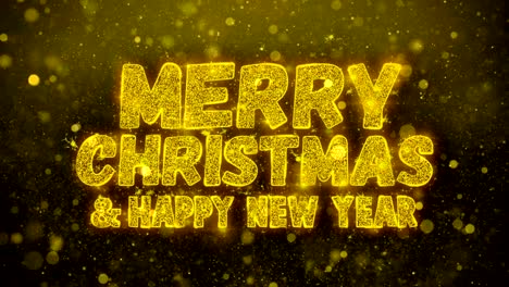 merry christmas and new year wish greeting card of gold glitter confetti or sparkling fireworks on luxury background. golden calligraphy lettering design for happy new year or christmas holiday