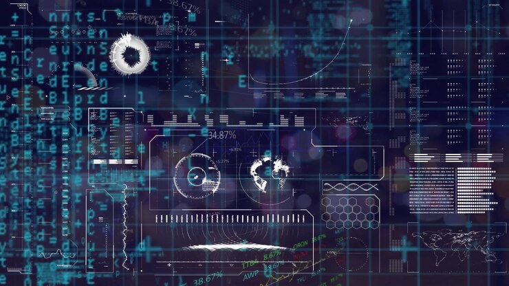 Animation of diverse data and graphs processing over navy digital screen