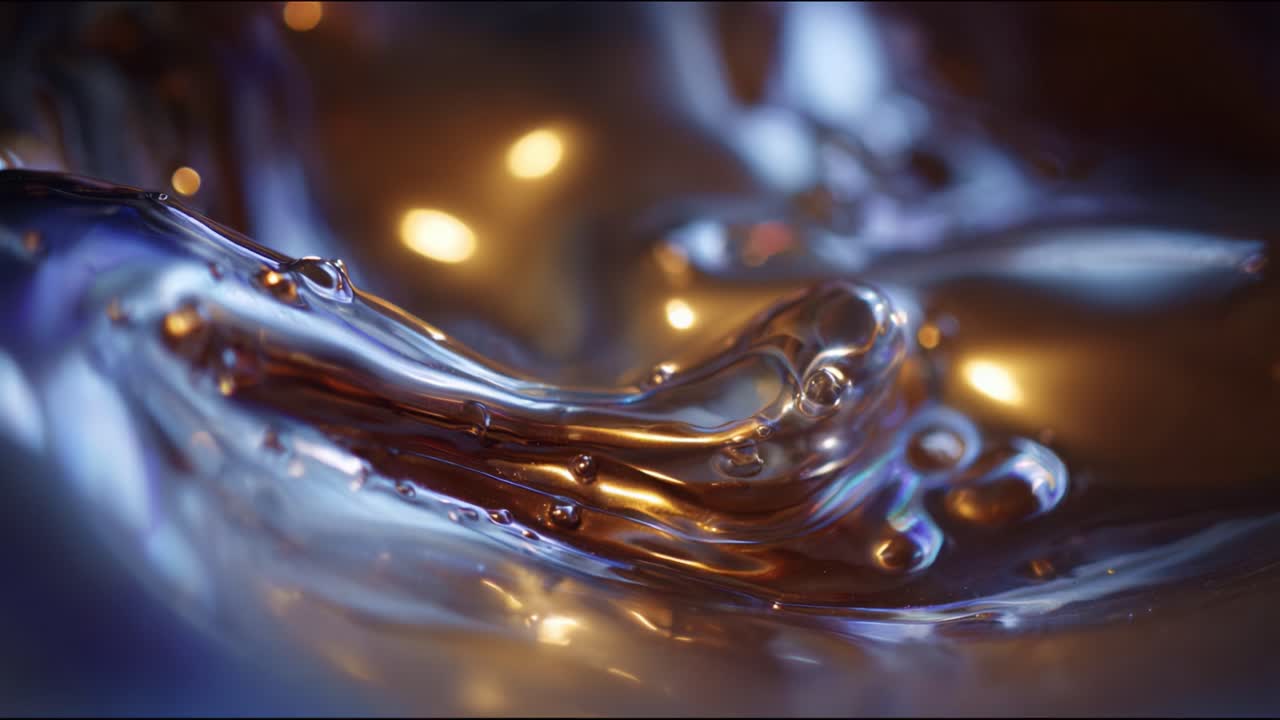 Movimento fluido: accattivante primo piano di un liquido che scorre con riflessi di luce e bolle, creando una straordinaria immagine di colore e movimento