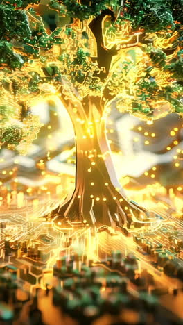 a tree is growing out of a computer chip. the tree is surrounded by a glowing, artificial environment