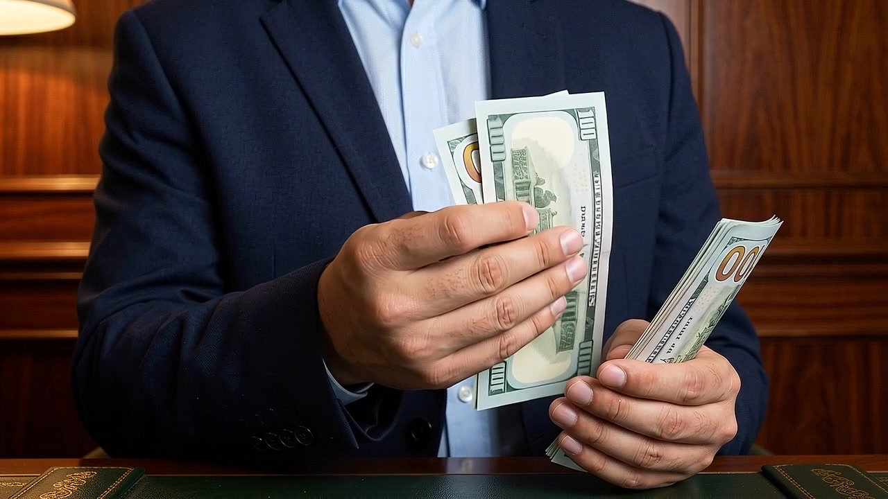 Businessman Counting US Dollar Bills at Office Desk