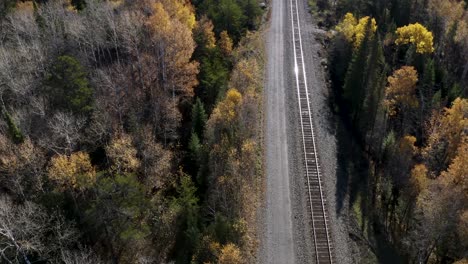 Aerial-Dolly-Vorwärts-Entlang-Der-Bahngleise,-Die-Durch-Den-Idyllischen-Borealen-Herbstwald-Im-Kanadischen-Schild-Verlaufen