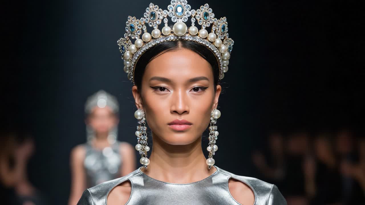 A dazzling fashion showcase featuring an elegant model adorned with intricate accessories, showcasing shimmering attire on a runway under dramatic lighting