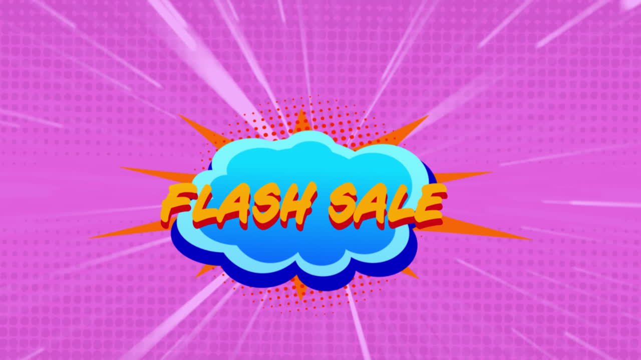 animación de venta flash escrita en naranja en una nube azul sobre un fondo púrpura