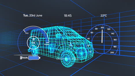 animación del velocímetro, el gps y los datos del estado de carga en la interfaz del vehículo, en un modelo de furgoneta 3d