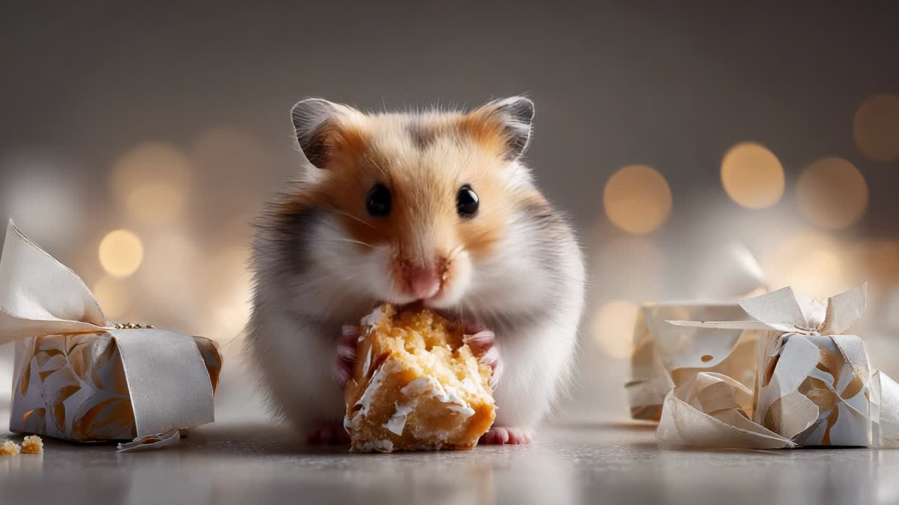 A Cute Hamster Enjoying a Snack Amidst Festive Gifts, Showcasing Its Adorable Features and Playful Nature in a Captivating Atmosphere Perfect for a Heartwarming Pet Video