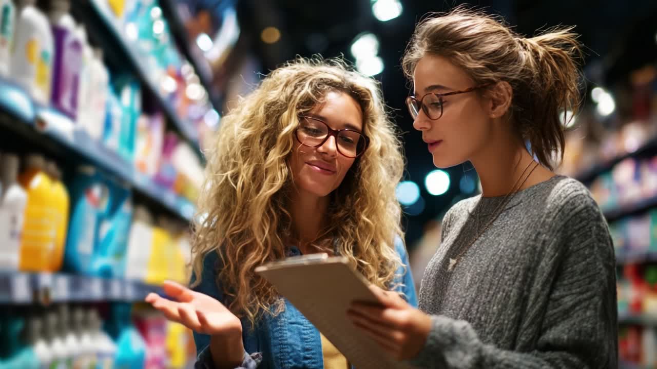 Two Friends Engaged in Collaborative Shopping Experience, Reviewing Items on a Clipboard in an Aisle Surrounded by Shelves of Various Household Products and Personal Care Items