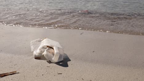 Plastic-bottle-pollution-on-sunny-beach-with-waves-approaching,-environmental-issue