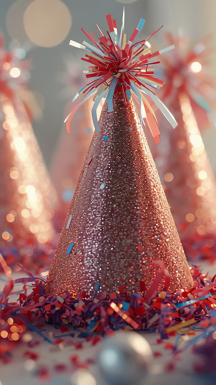 Vertical video: Swinging silver ball showing glitter on red party hat on confetti, festive vibe