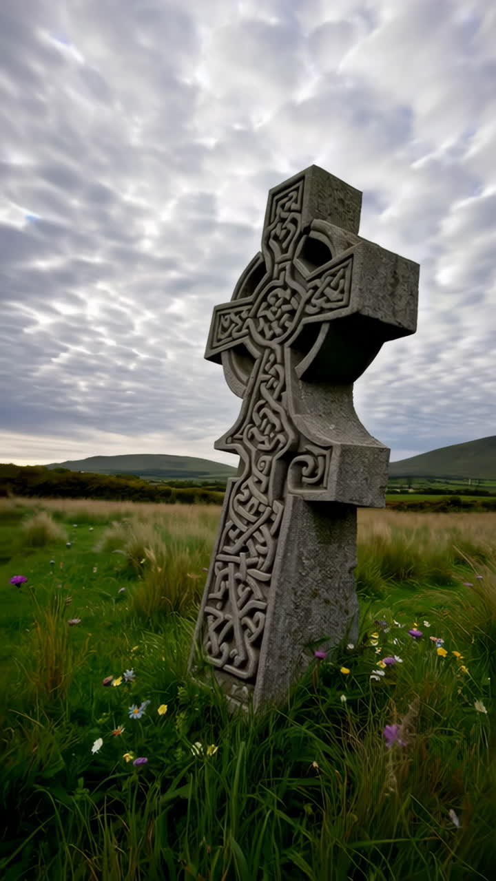 Detailed Celtic Cross with Intricate Knotwork in a Field